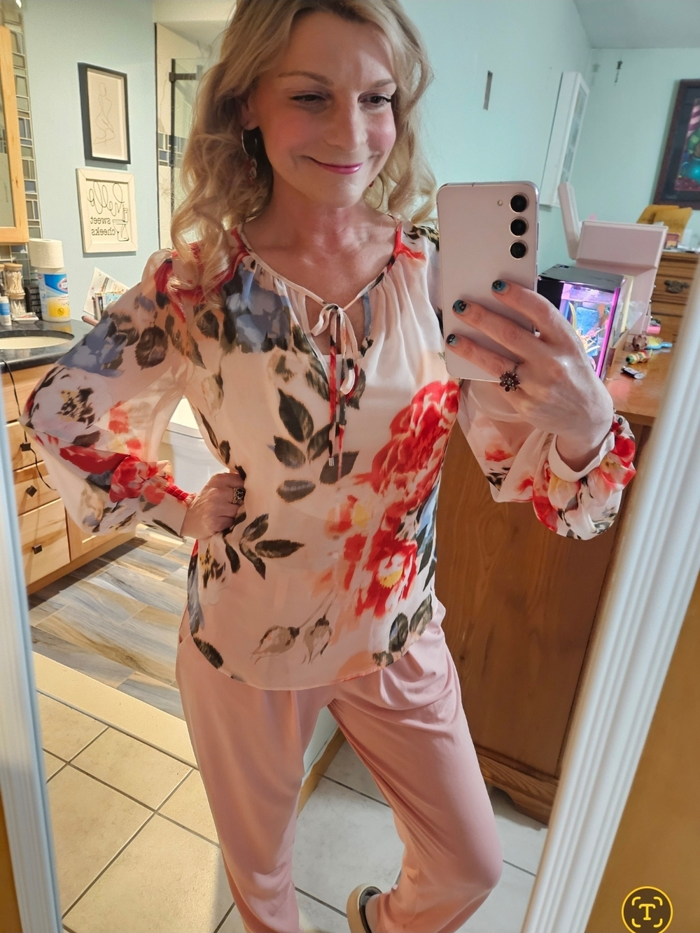 White House Black Market White Floral Tie-Neck Blouse with Red & Blue Blooms